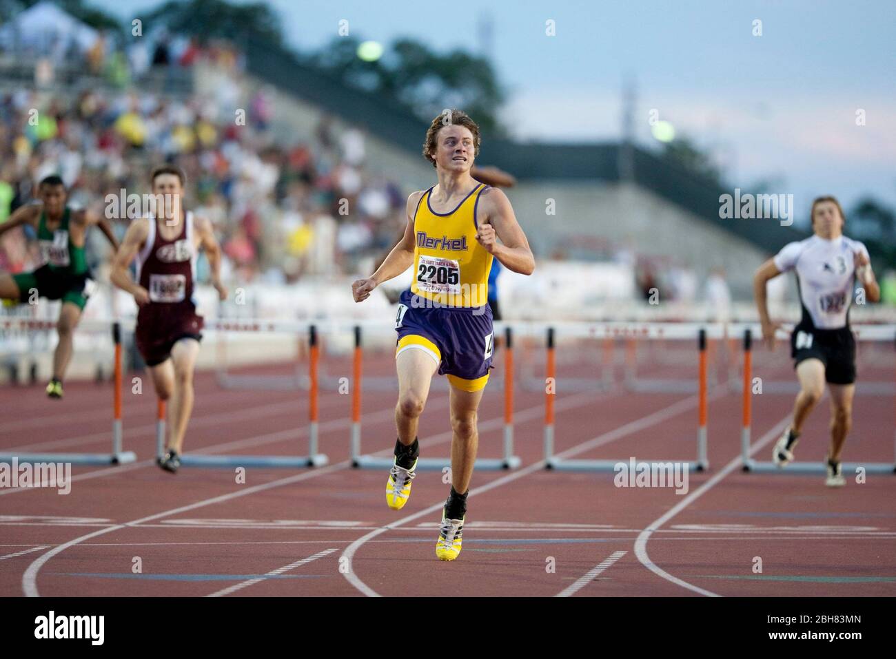 Austin Texas USA, June 5,2009: Kelly Barnhill from Merkel wins the boys 110-meter 2A hurdles at the annual Texas high school state championships track and field meet at the University of Texas track stadium. ©Bob Daemmrich Stock Photo