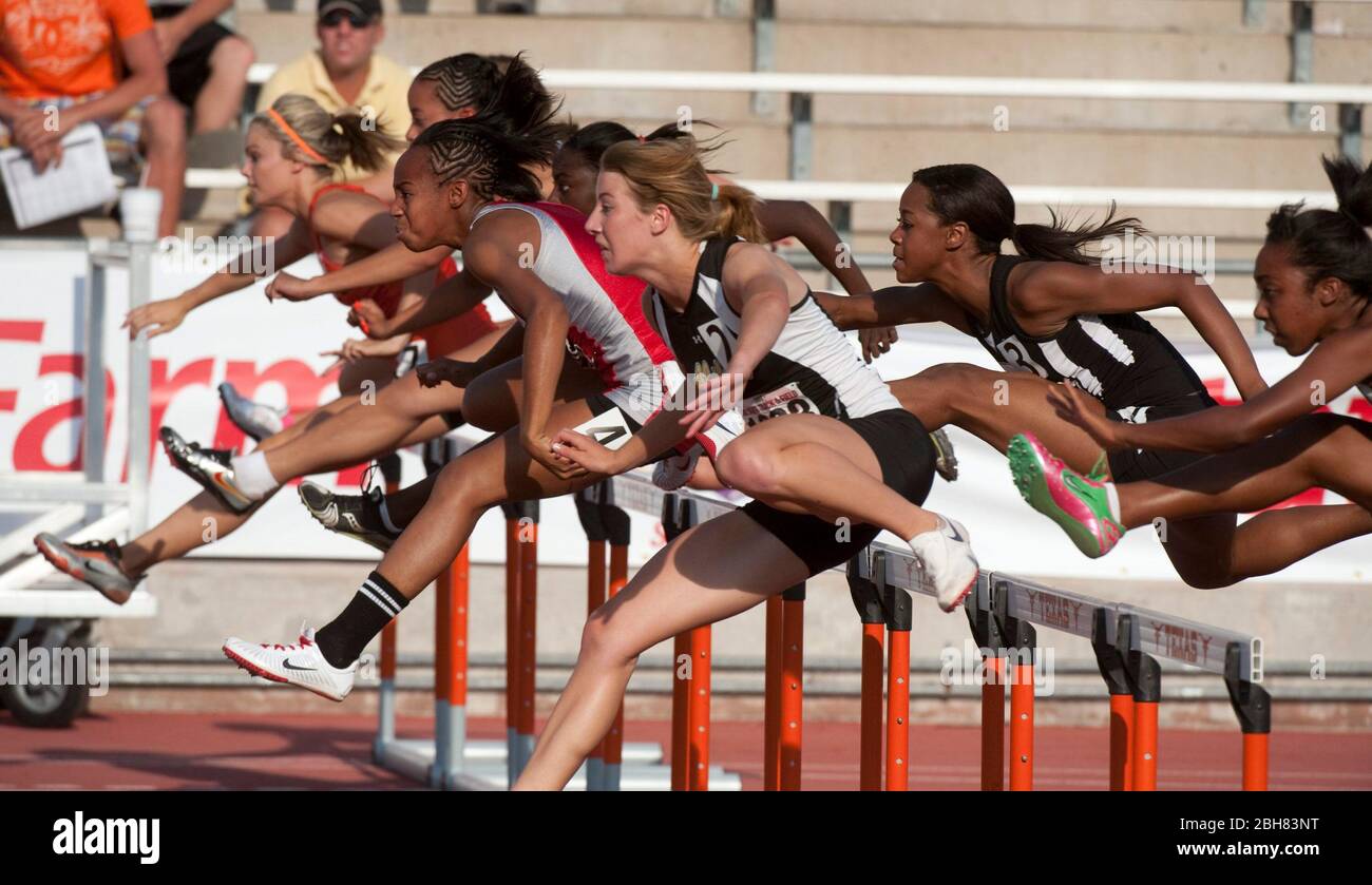 Austin Texas USA, June 6 2009: Girls 100-meter hurdles at the annual Texas high school state track championships at the University of Texas track stadium. ©Bob Daemmrich Stock Photo