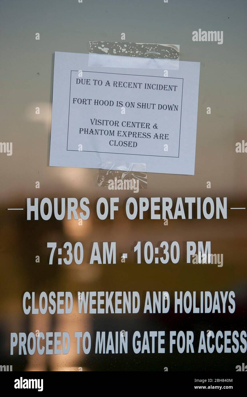 Fort Hood, Texas USA, November 5, 2009: Sign at entrance gate to U.S. Army post Fort Hood notifies drivers that it is closed to visitors hours after Army doctor Nidal Malik Hasan shot and killed 13 military personnel at a clinic on the post. ©Bob Daemmrich Stock Photo