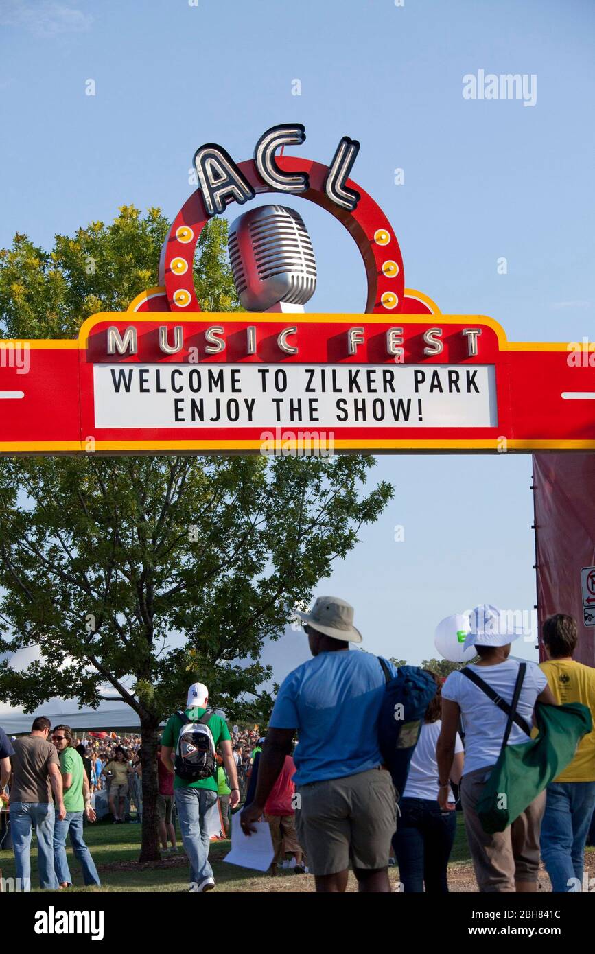 Austin, Texas USA, October 2, 2009: Fans flock through the entrance marquee on the first day of the three-day Austin City Limits Music Festival (ACL) at Zilker Park featuring 130 bands playing to more than 60,000 music fans each day. ©Bob Daemmrich Stock Photo