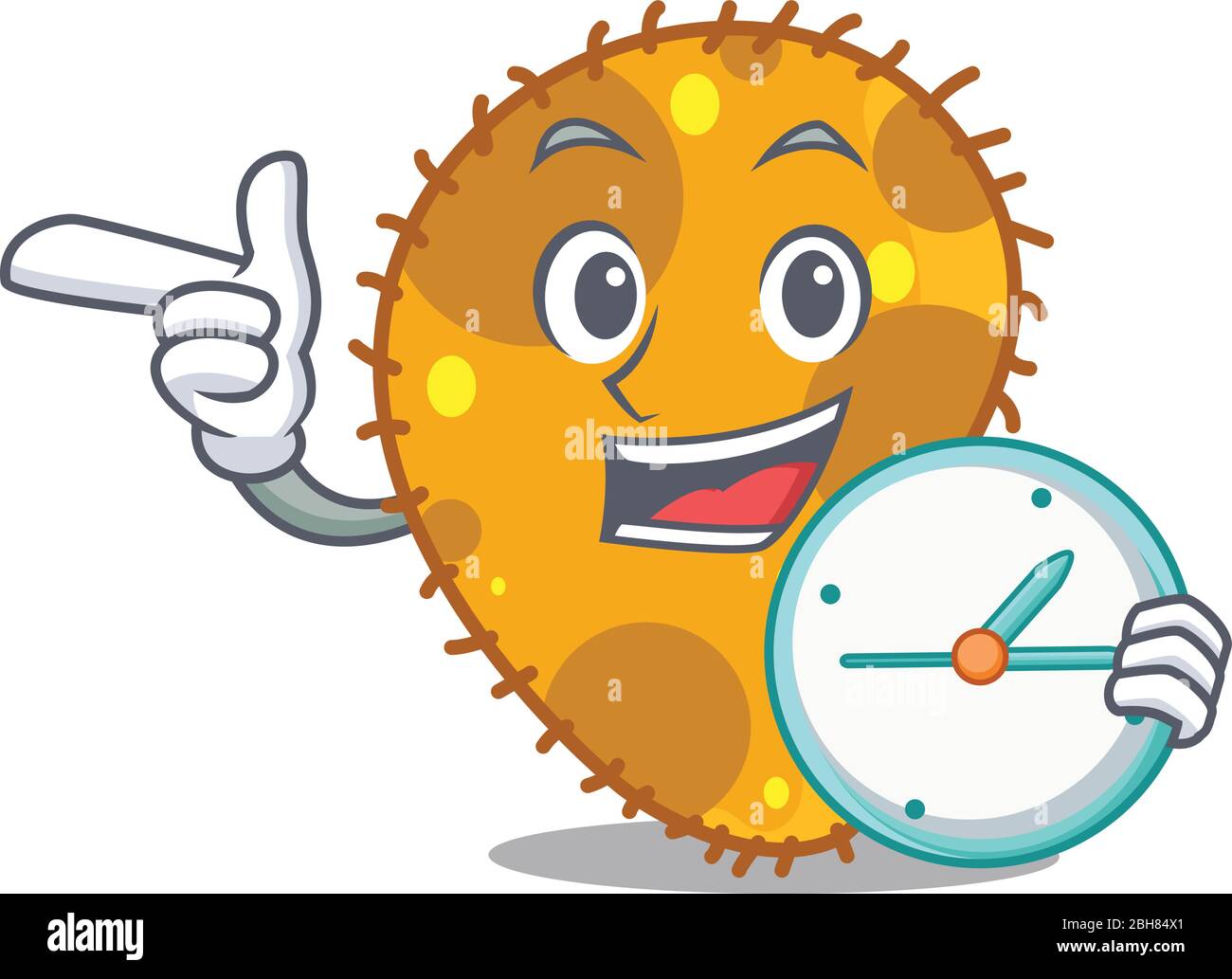 Pseudomonas mascot design concept smiling with clock Stock Vector