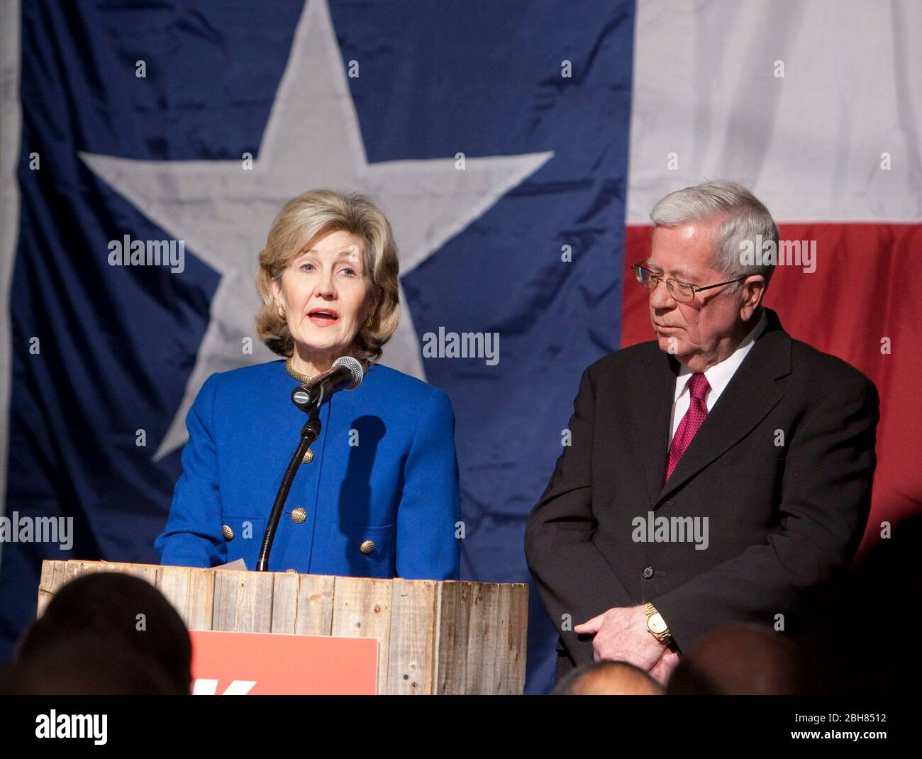 Dallas Texas USA, March 2, 2010: U.S. Senator Kay Bailey Hutchison (l) alongside her husband, Ray, gives a concession speech at Eddie Deen's Ranch restaurant in downtown Dallas after her defeat in the governor's race by incumbent Texas Governor Rick Perry in the Republican primary. Hutchison did not announce her future plans which may include resigning her Senate seat. © Bob Daemmrich Stock Photo