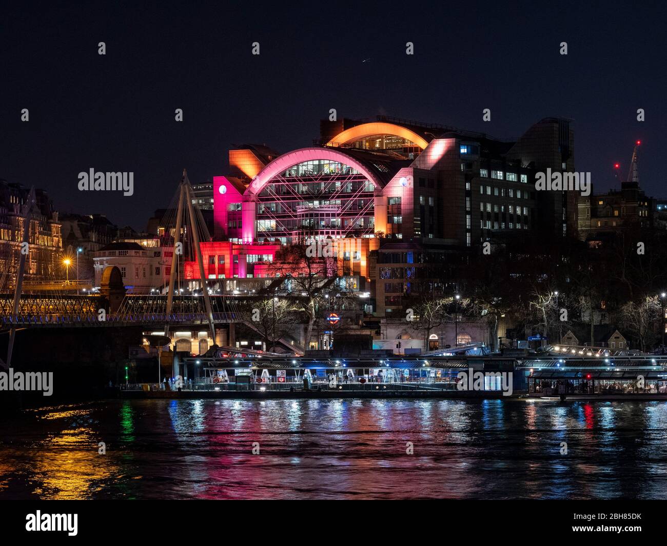 Night view of Embankment Place, a postmodern office and shopping