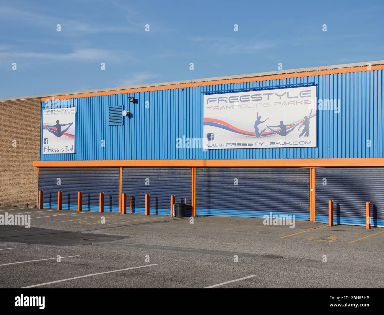 KIRKBY IN ASHFIELD, ENGLAND - APRIL 24: Exterior of Freestyle Trampoline Parks building. Low Moor Road, in Kirkby In Ashfield, Nottinghamshire, Englan Stock Photo