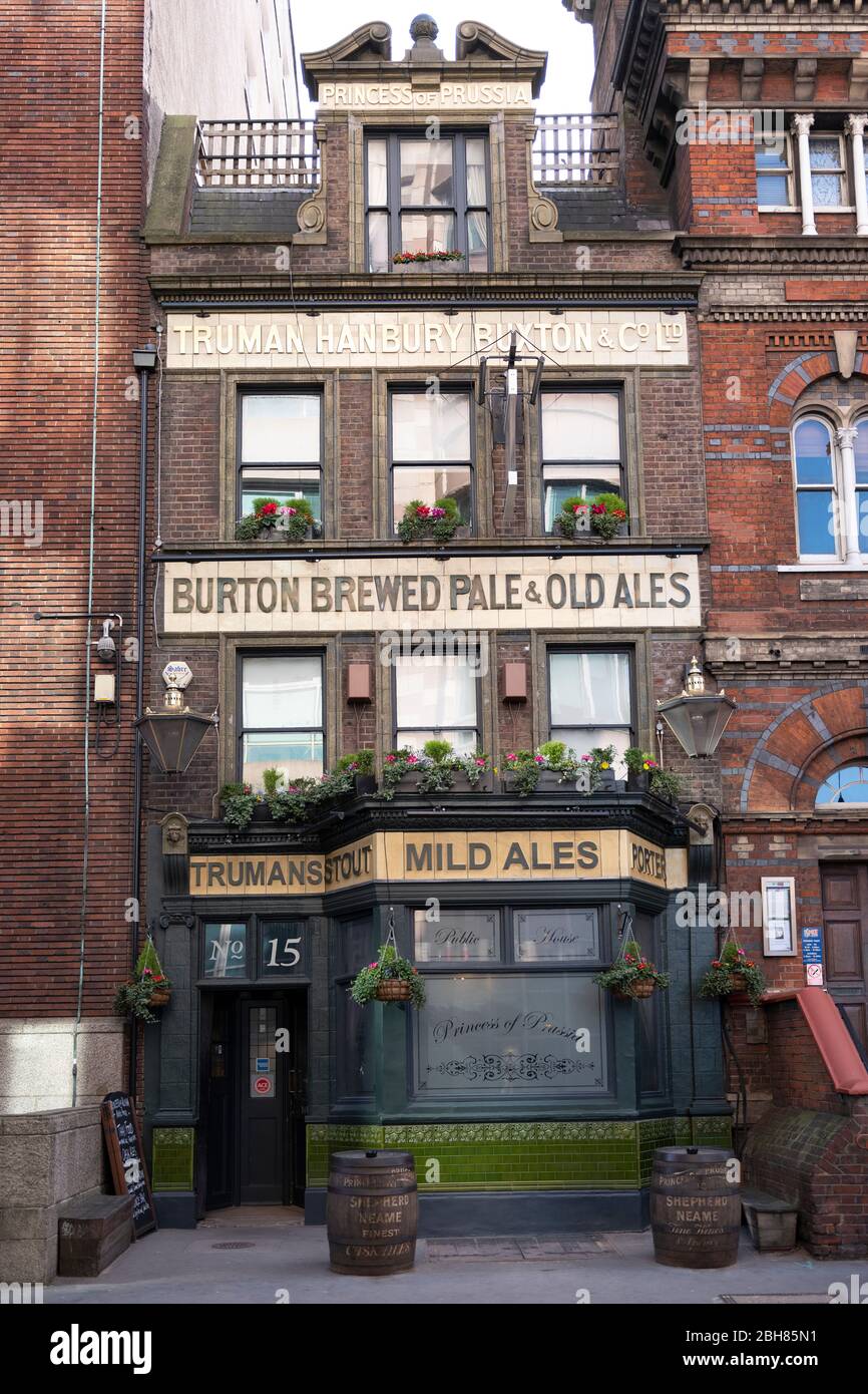 Princess of Prussia Victorian public house built by Truman Hanbury and Buxton Brewery in an ornate style in Prescott Street, near Tower Hill, London Stock Photo