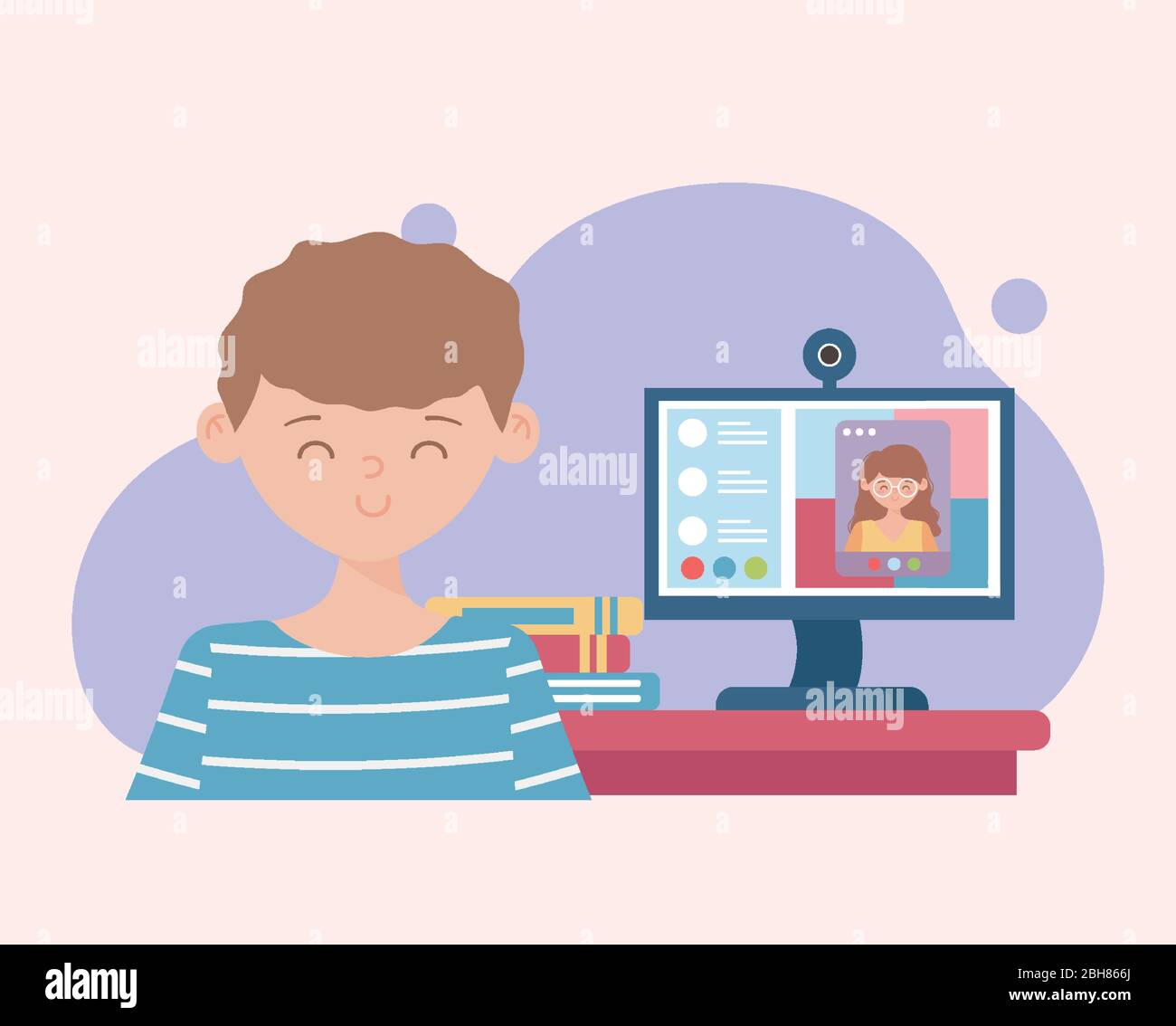 stay at home, boy with computer education online learning vector ...