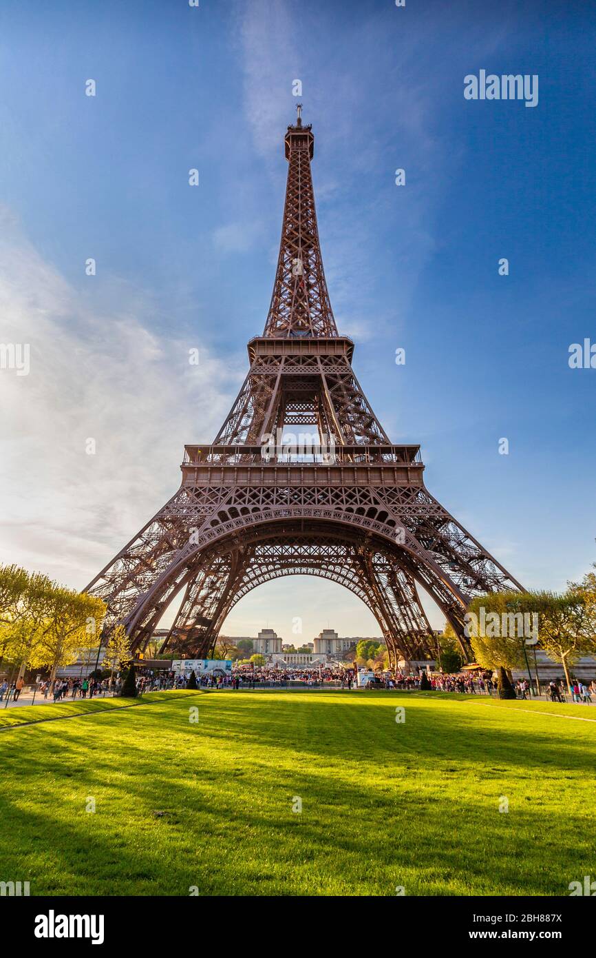 The Eiffel Tower from the Champ de Mars, Paris Stock Photo