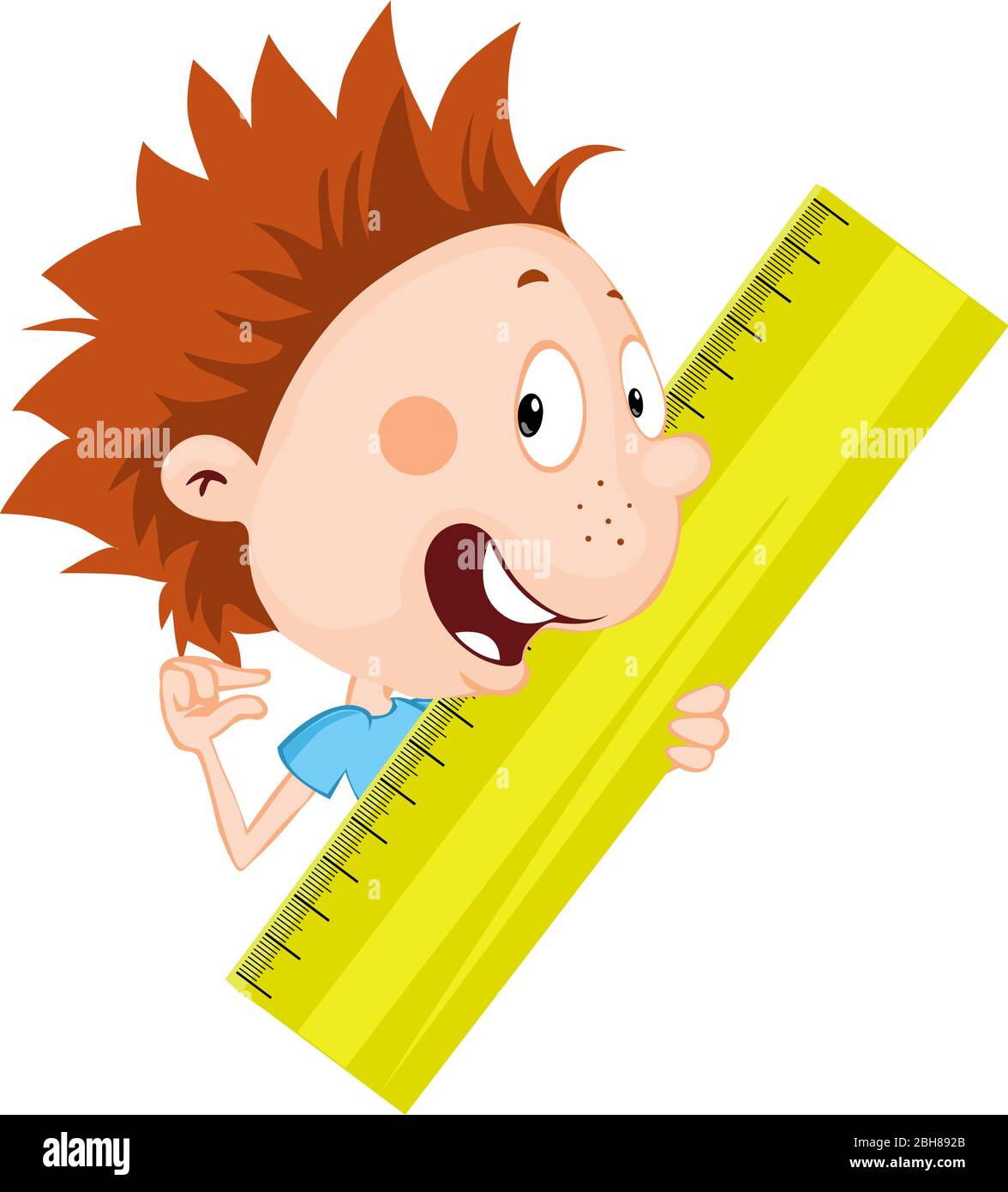 Little child, student - boy peeks out from the ruler shows how much he ...