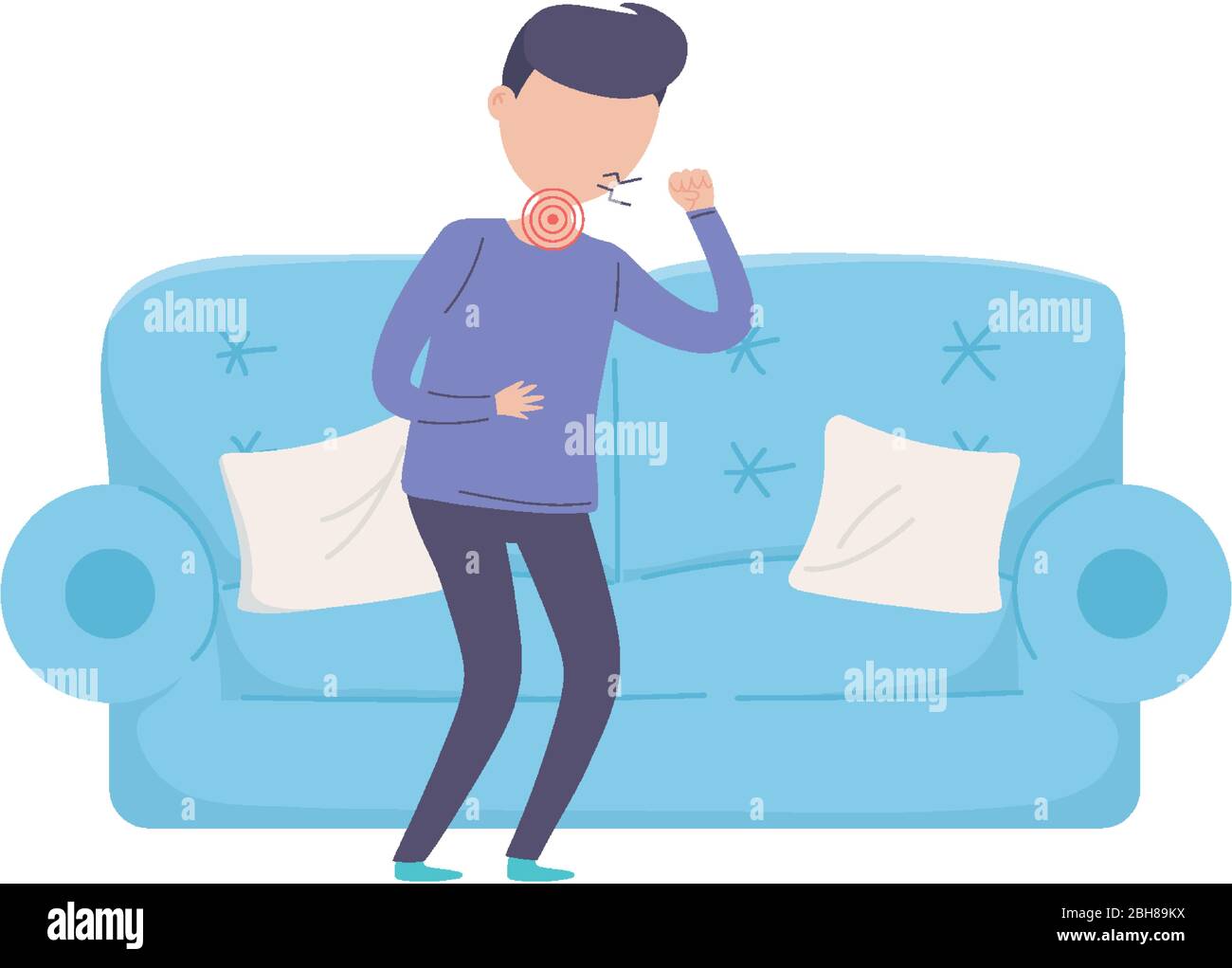 covid 19 quarantine, sick man with sore throat and cough in the room house vector illustration