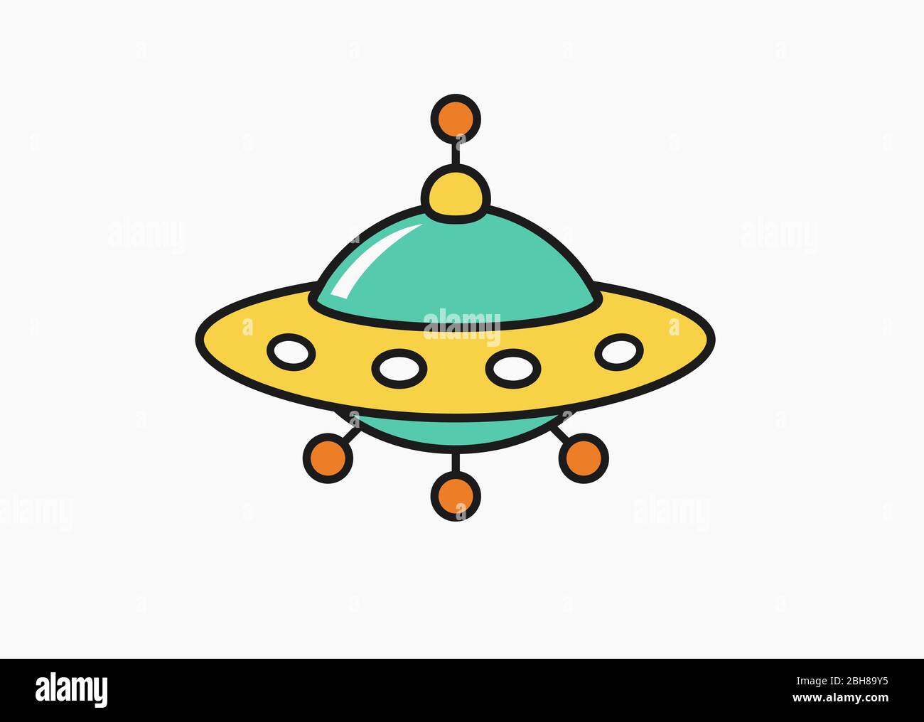 Childs drawing UFO icon, unknow flying object cartoon linear ...