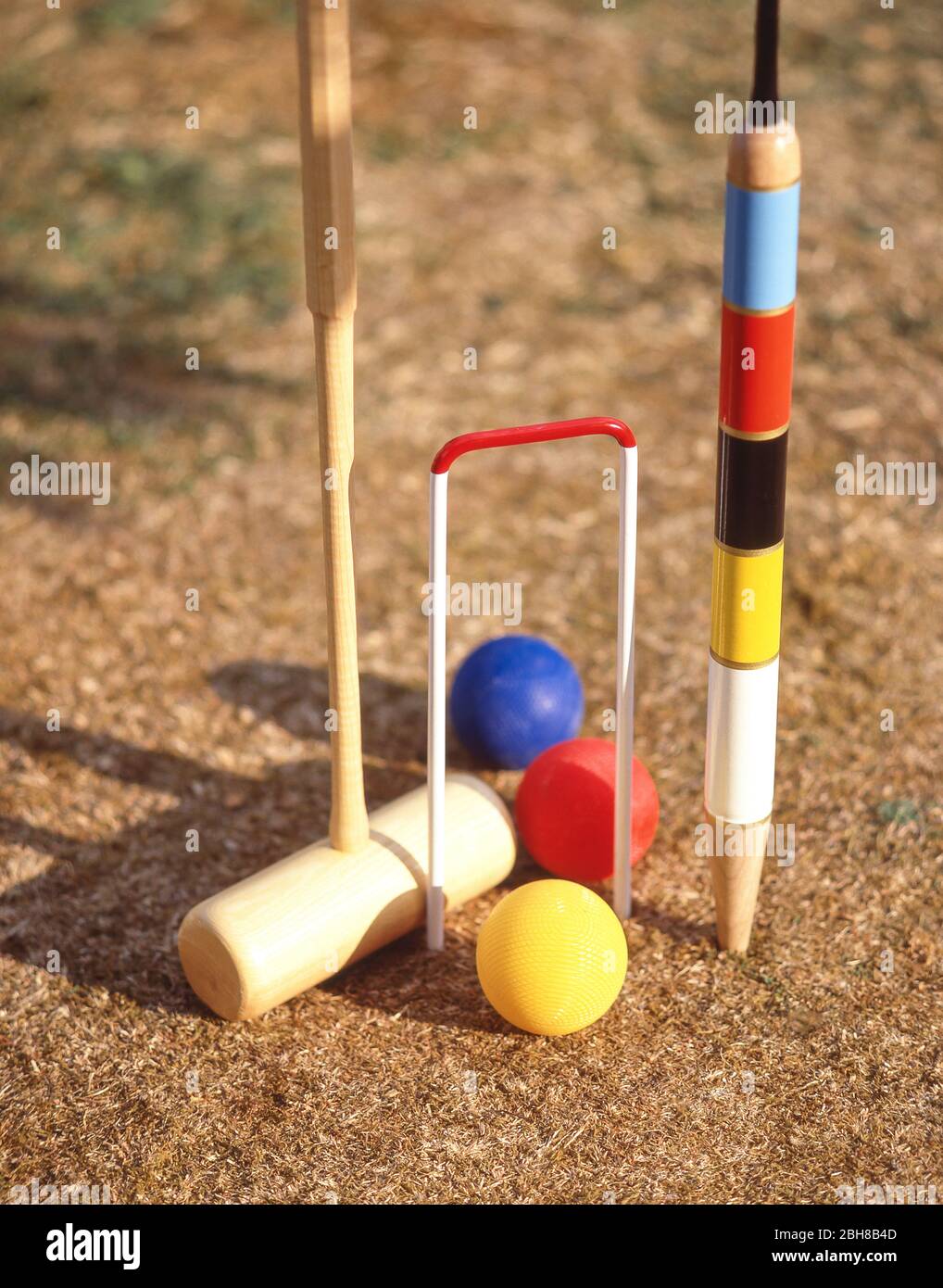 Croquet set of mallet, hoop and balls, Warfield, Berkshire, England