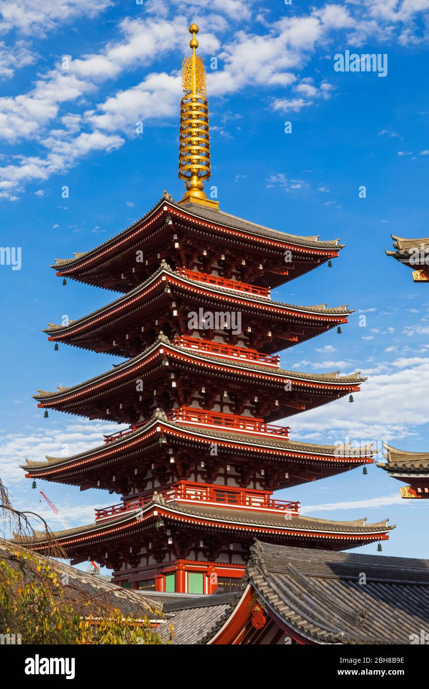 Japan, Honshu, Tokyo, Asakusa, Sensoji Temple, Five Storied Pagoda Stock Photo