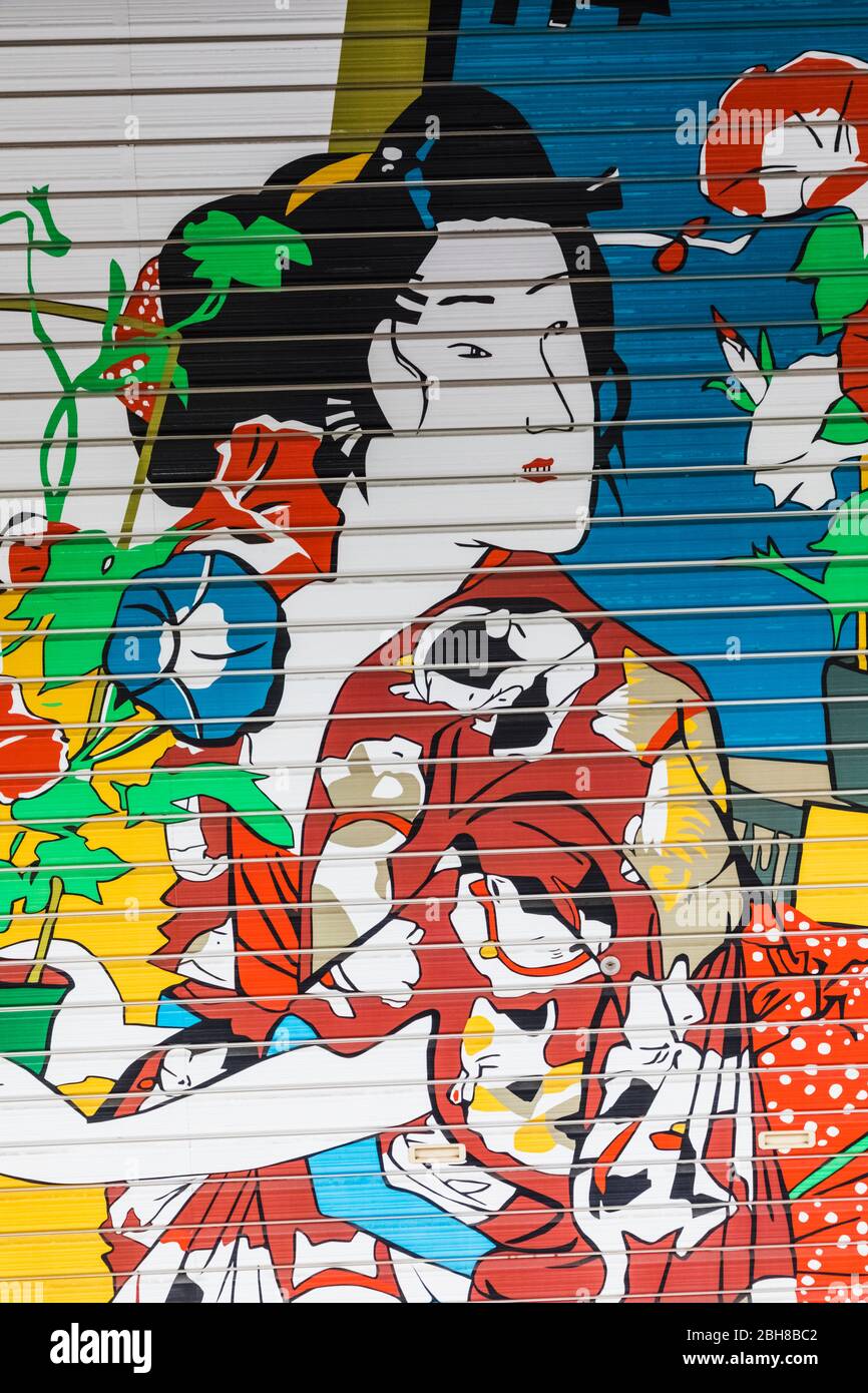 Japan, Honshu, Tokyo, Asakusa, Nakamise Shopping Street, Shop Shutters depicting a Geisha Stock Photo