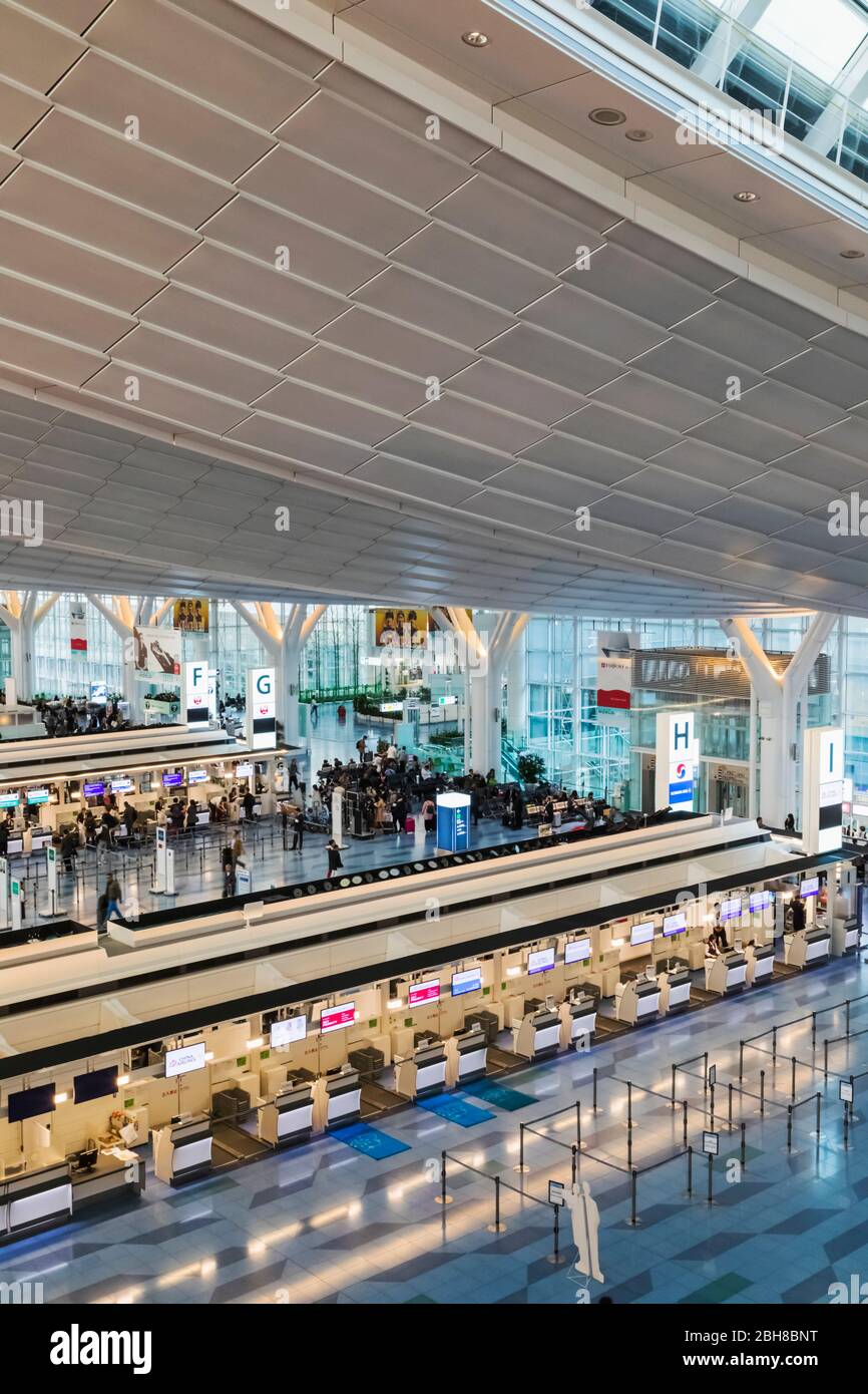 Japan, Honshu, Tokyo, Haneda Airport, International Terminal, Departure Area, Check-in Counters Stock Photo