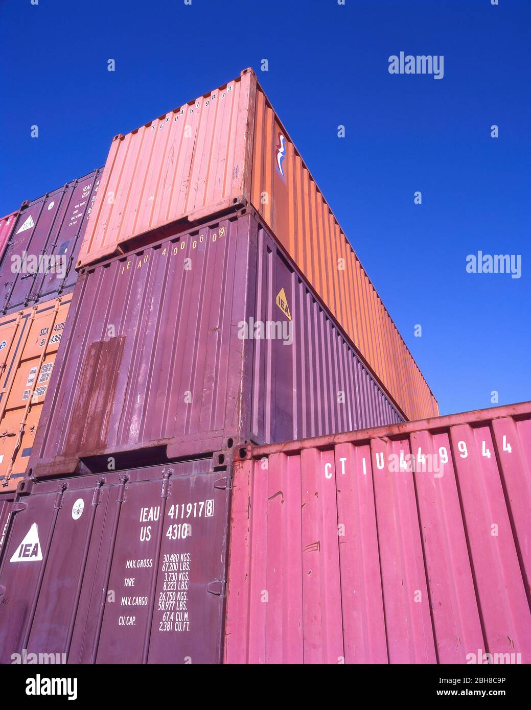 Containers stacked at Lyttelton Harbour, Lyttelton, Banks Peninsula, Canterbury Region, New Zealand Stock Photo