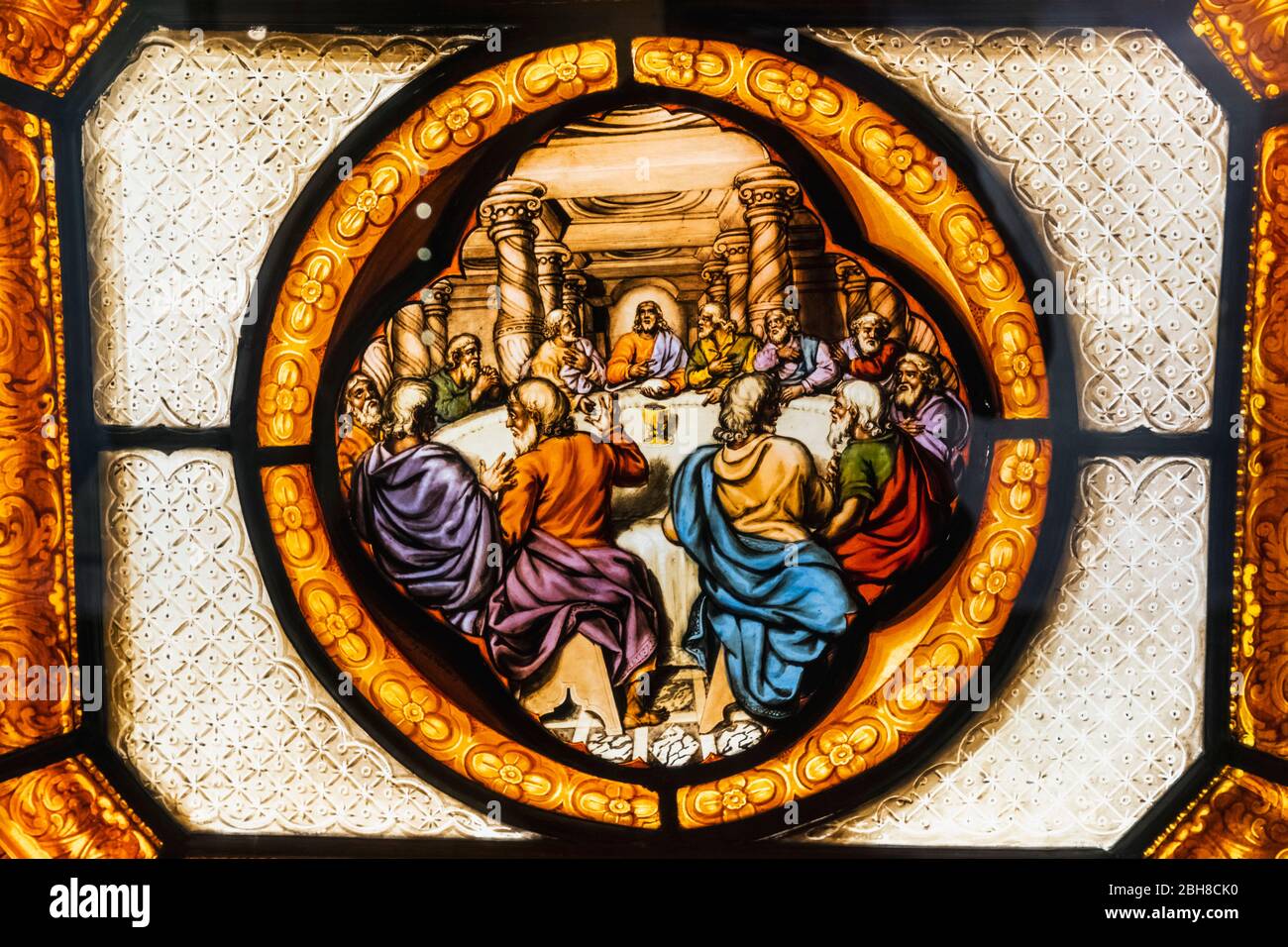 Stained glass window depicting the last supper dated 1770 hires stock photography and images