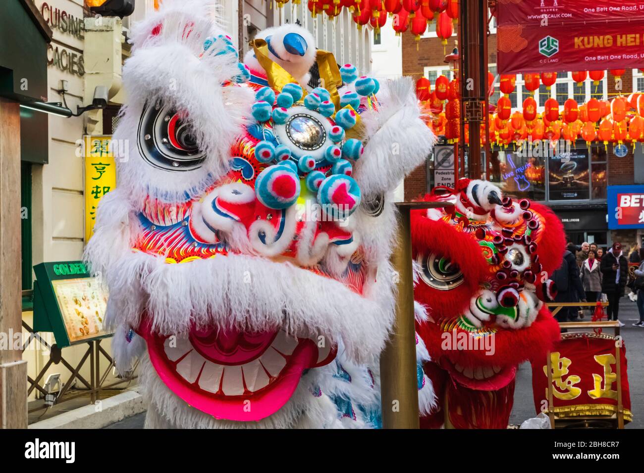 England, London, Chinatown, Chinese New Year Parade, Lion Dance Stock Photo