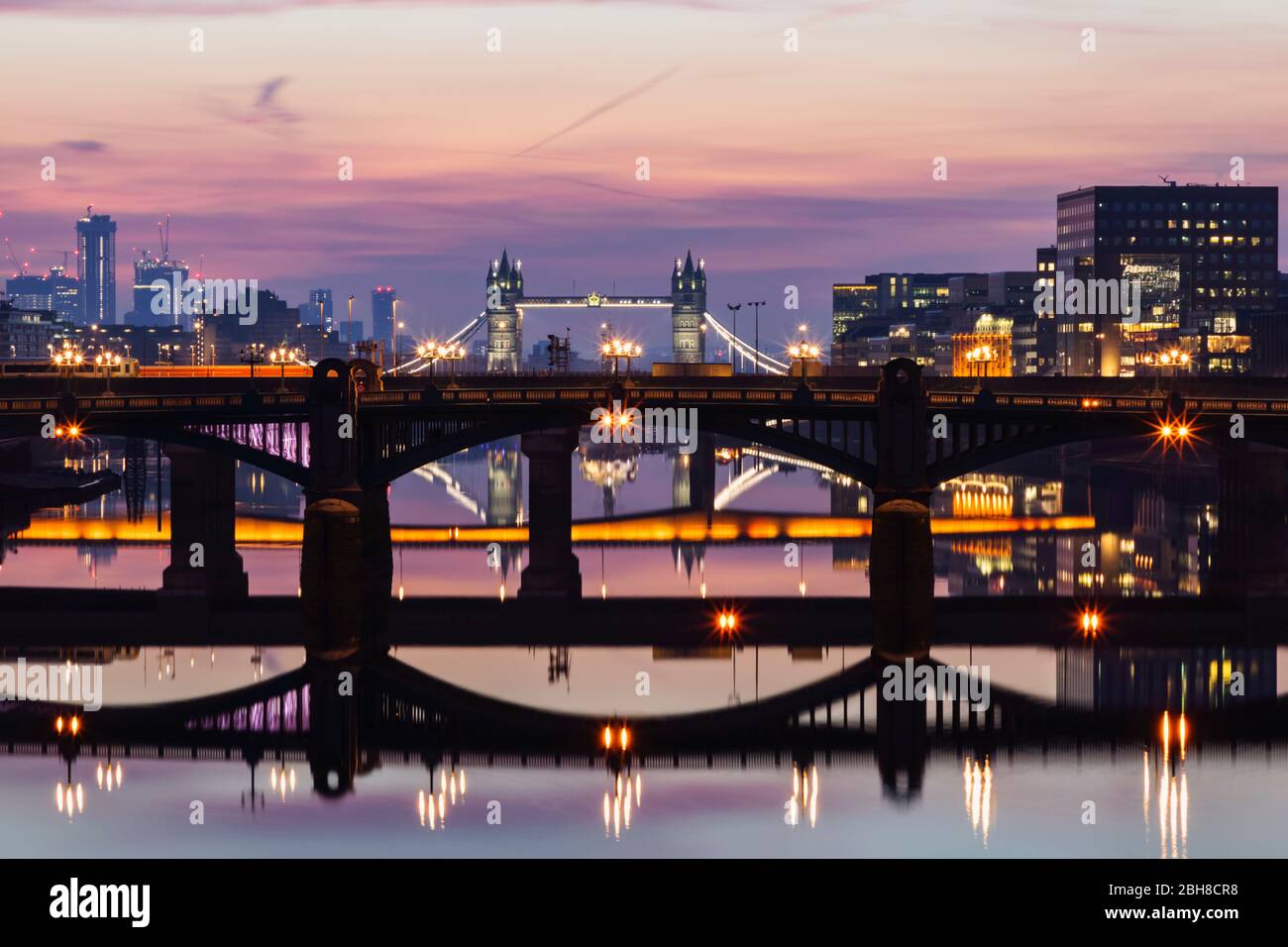 England, London, Southwark, London Bridge City, Reflections of Thames Bridges at Dawn Stock Photo