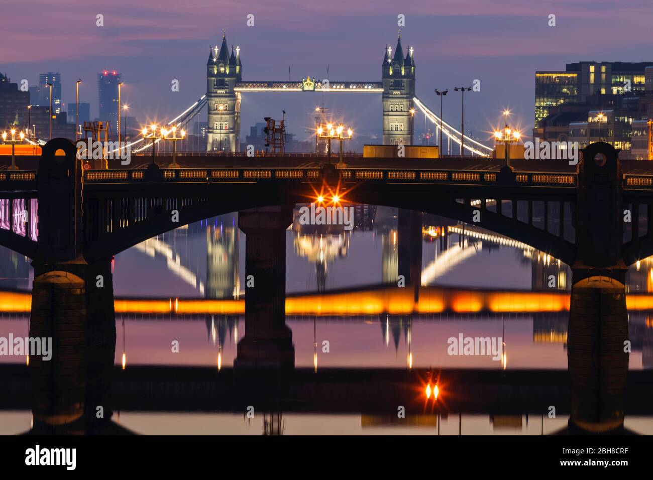 England, London, Southwark, London Bridge City, Reflections of Thames Bridges at Dawn Stock Photo