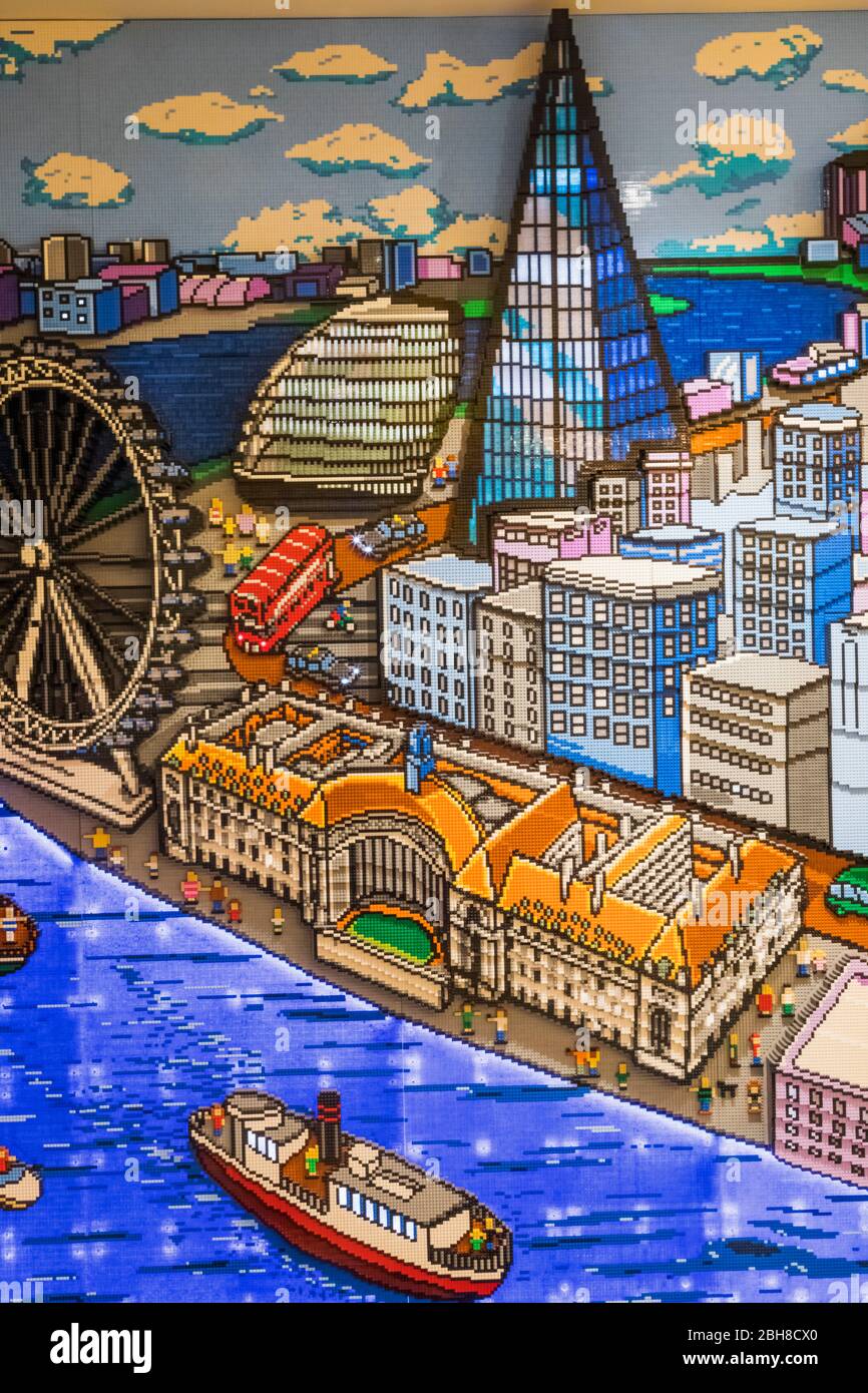 England, London, Leicester Square, Lego Store, Lego Mural of London Scenes Stock Photo