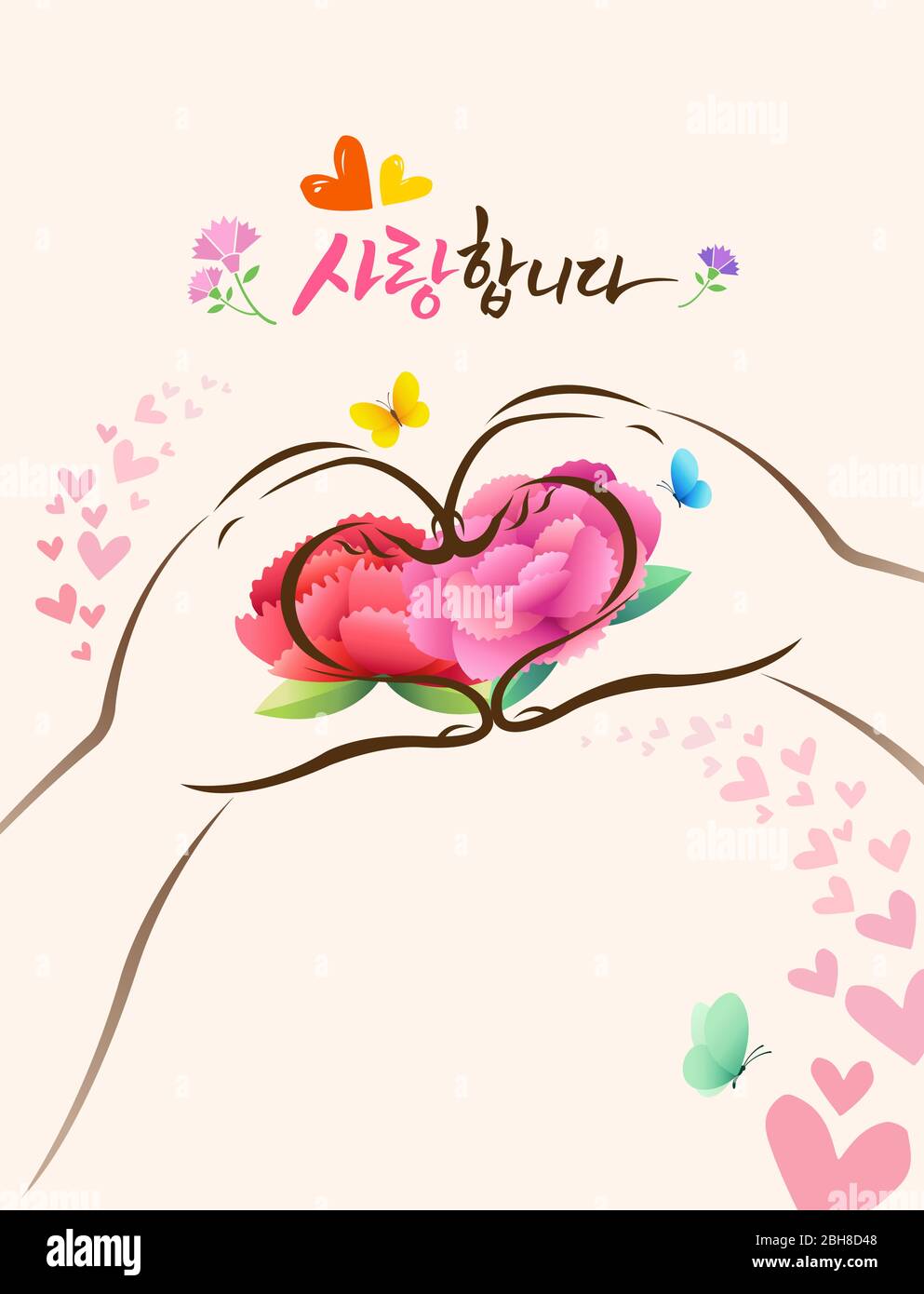 Parents Day, heart shaped child hand and carnation flower. I love you