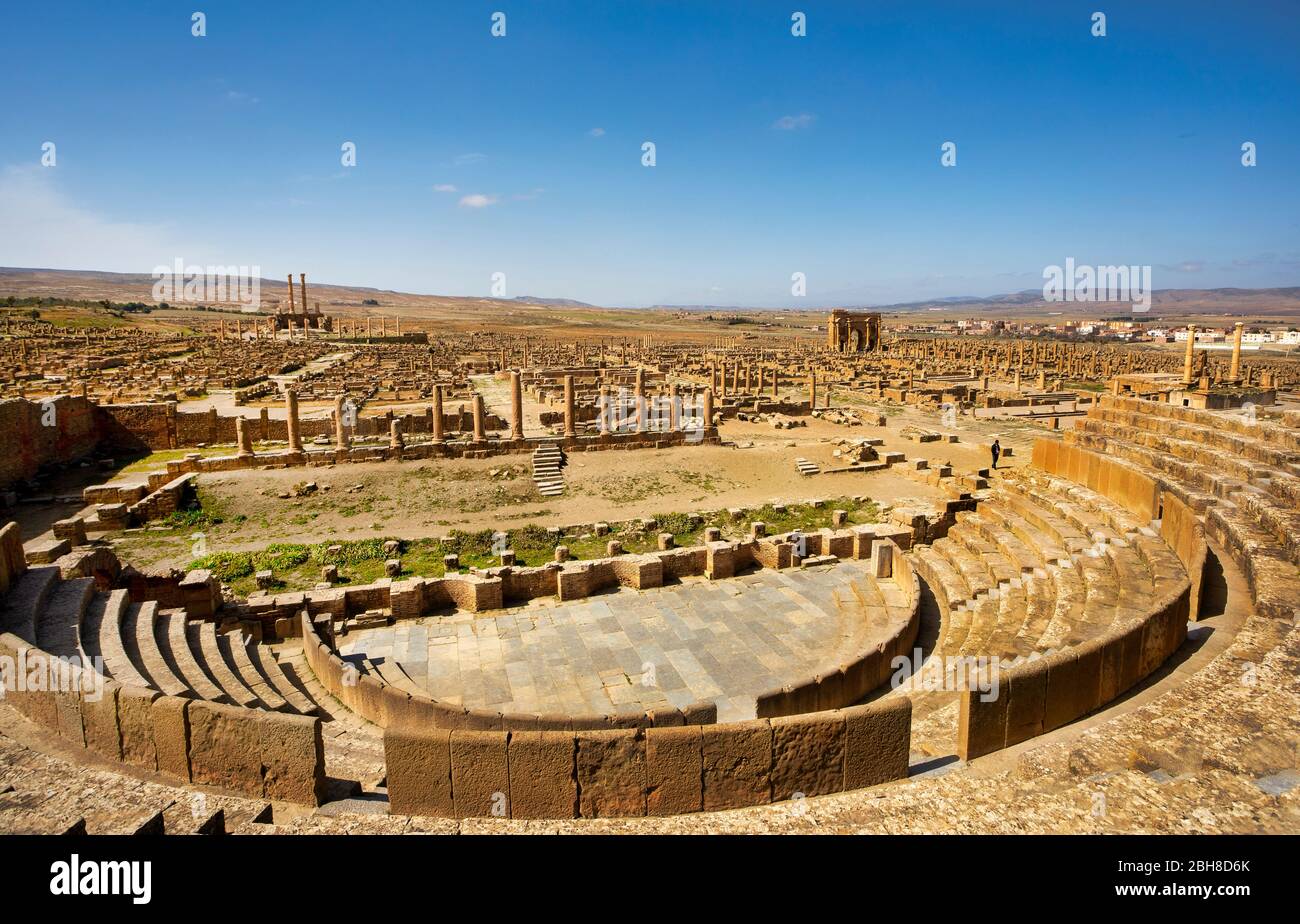 Argeia, Timgad City, Roman ruins of Timgad, UNESCO, (W.H.) Panorama, Roman Theater Stock Photo