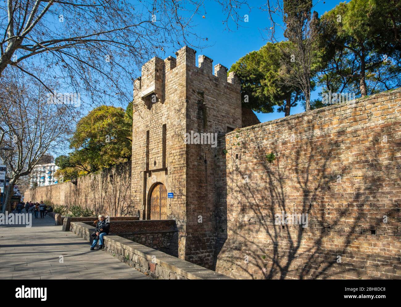 Barcelona City, Paralelo Avenue, Medieval city walls, Gate of Santa Madrona Stock Photo