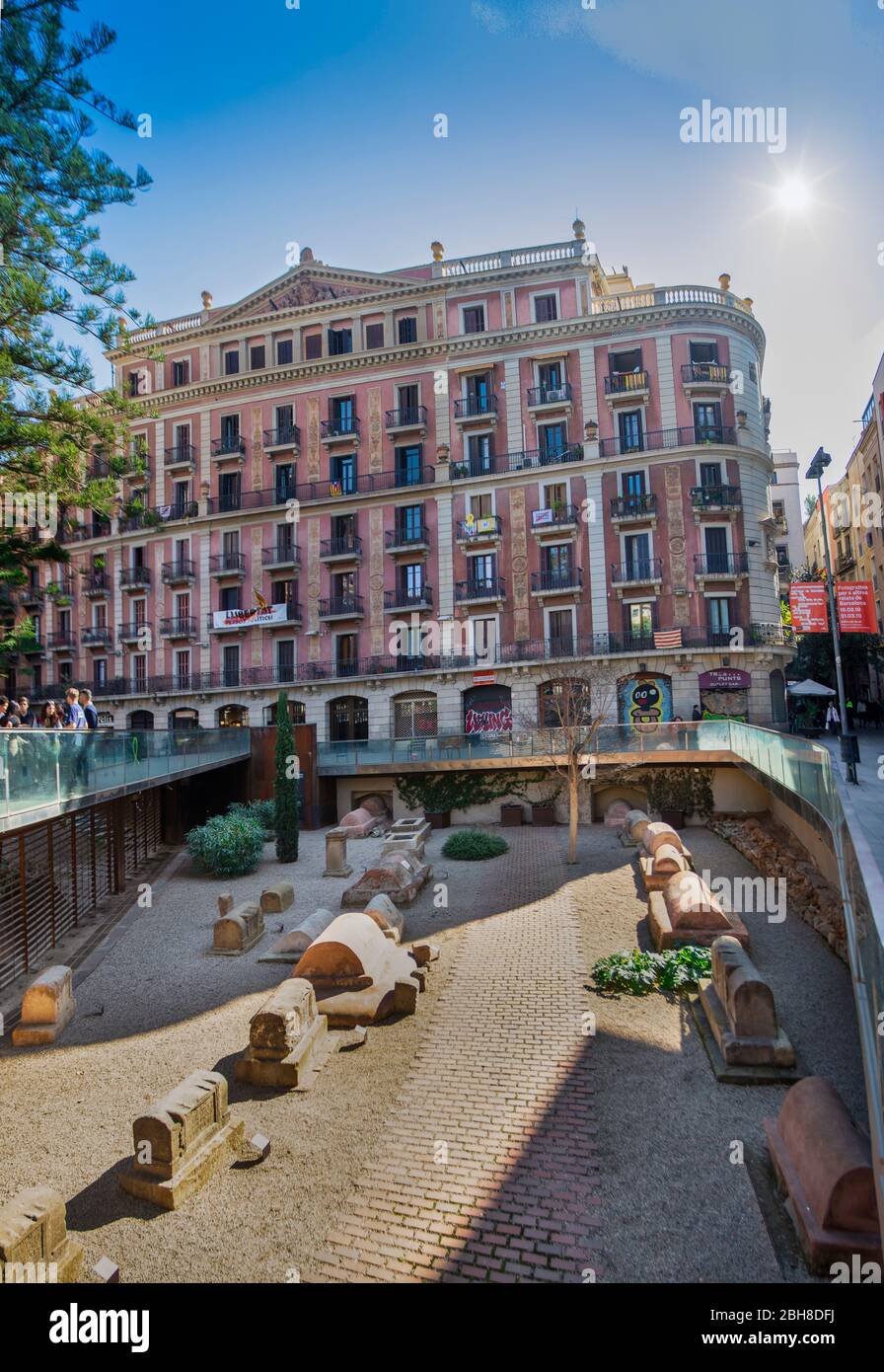 Barcelona City, Vila de Madrid Square, Roman Sepulchral way Stock Photo