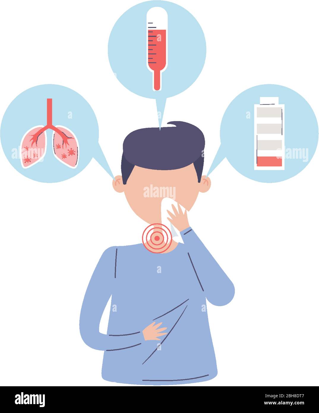 covid 19 quarantine, sick man with sore throat and cough vector illustration Stock Vector
