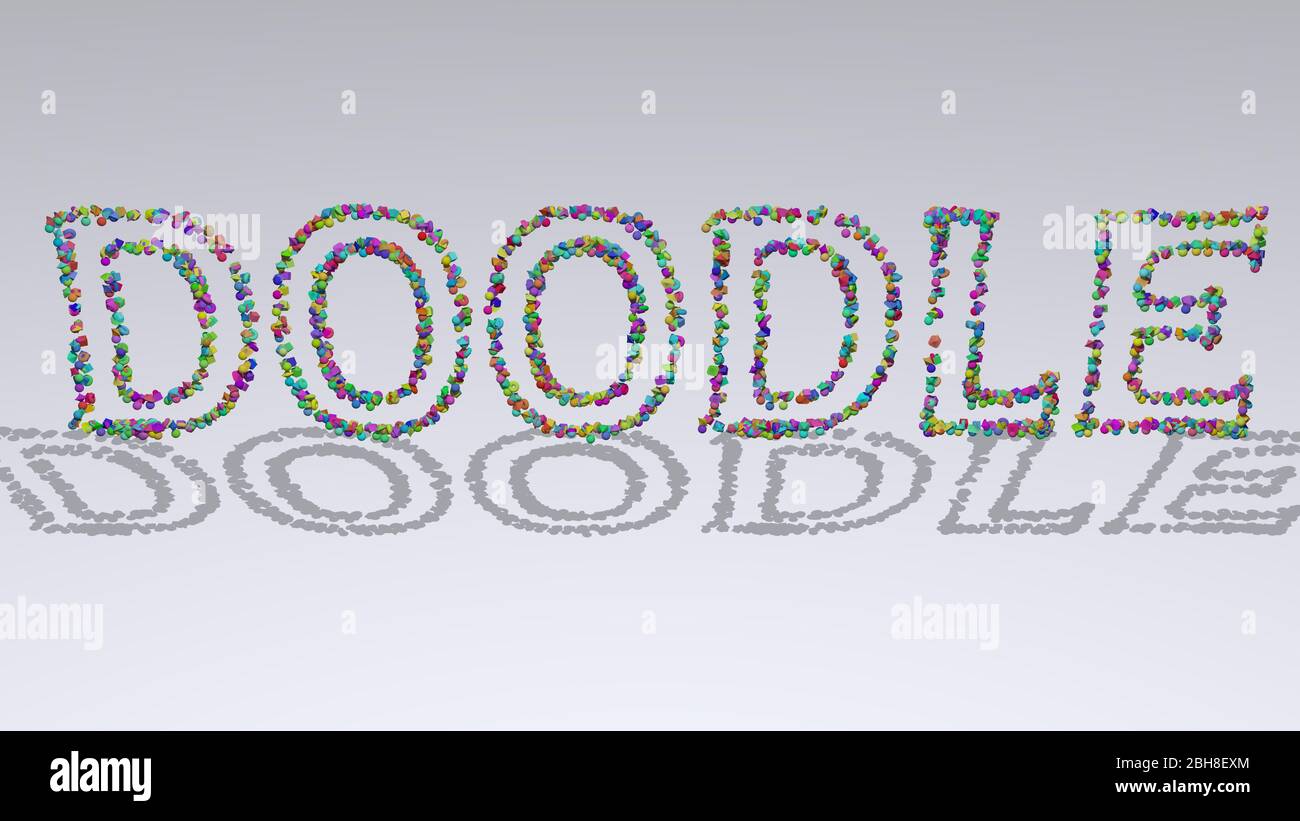 Doodle: 3D illustration of the text made of small objects over a white ...
