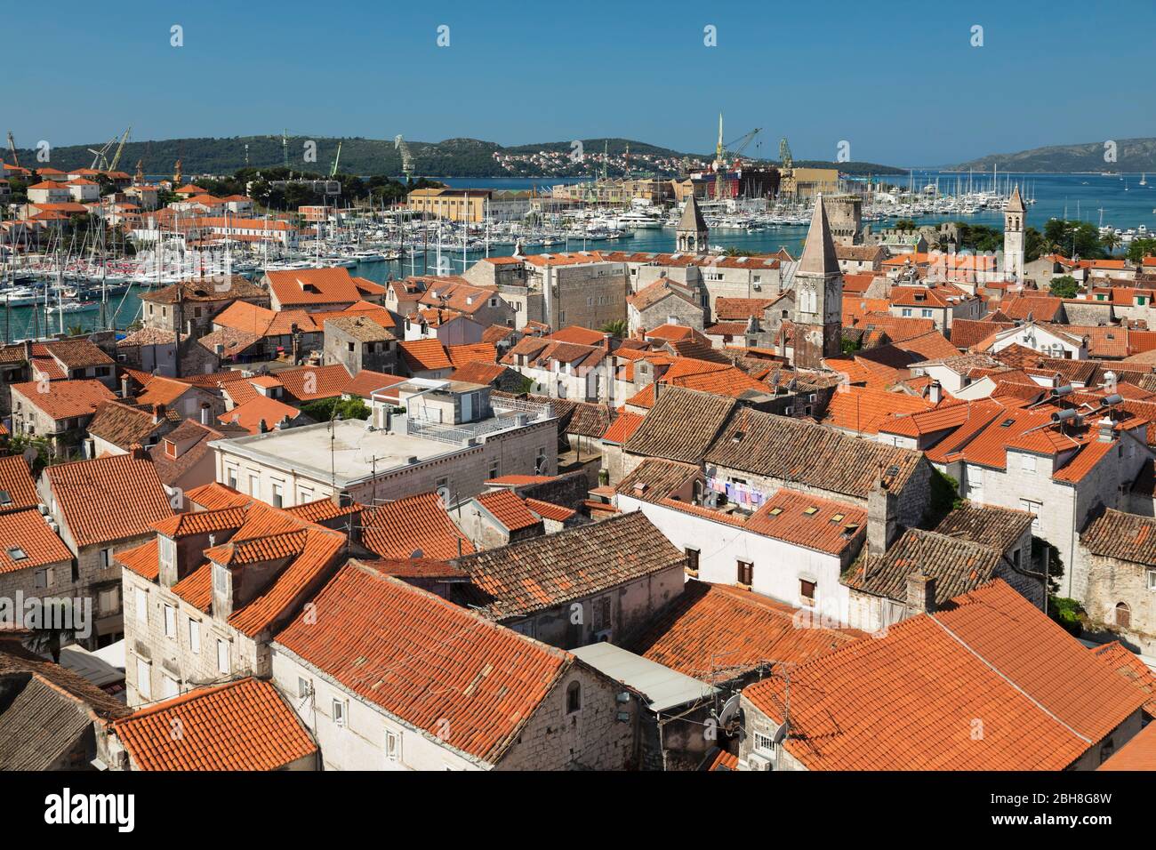 View from St.Laurentius Cathedral over the Old Town to the harbor, Trogir, UNESCO World Heritage Site, Dalmatia, Croatia Stock Photo