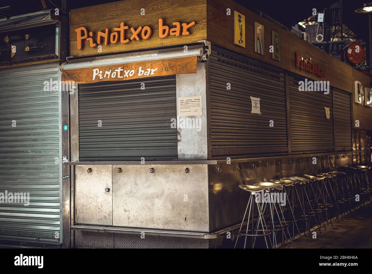 24 April Spain Barcelona View Of A Bar On The Market La Boqueria Closed In The Middle Of The Corona Crisis At The Market Which Is Usually Flooded With Tourists Almost