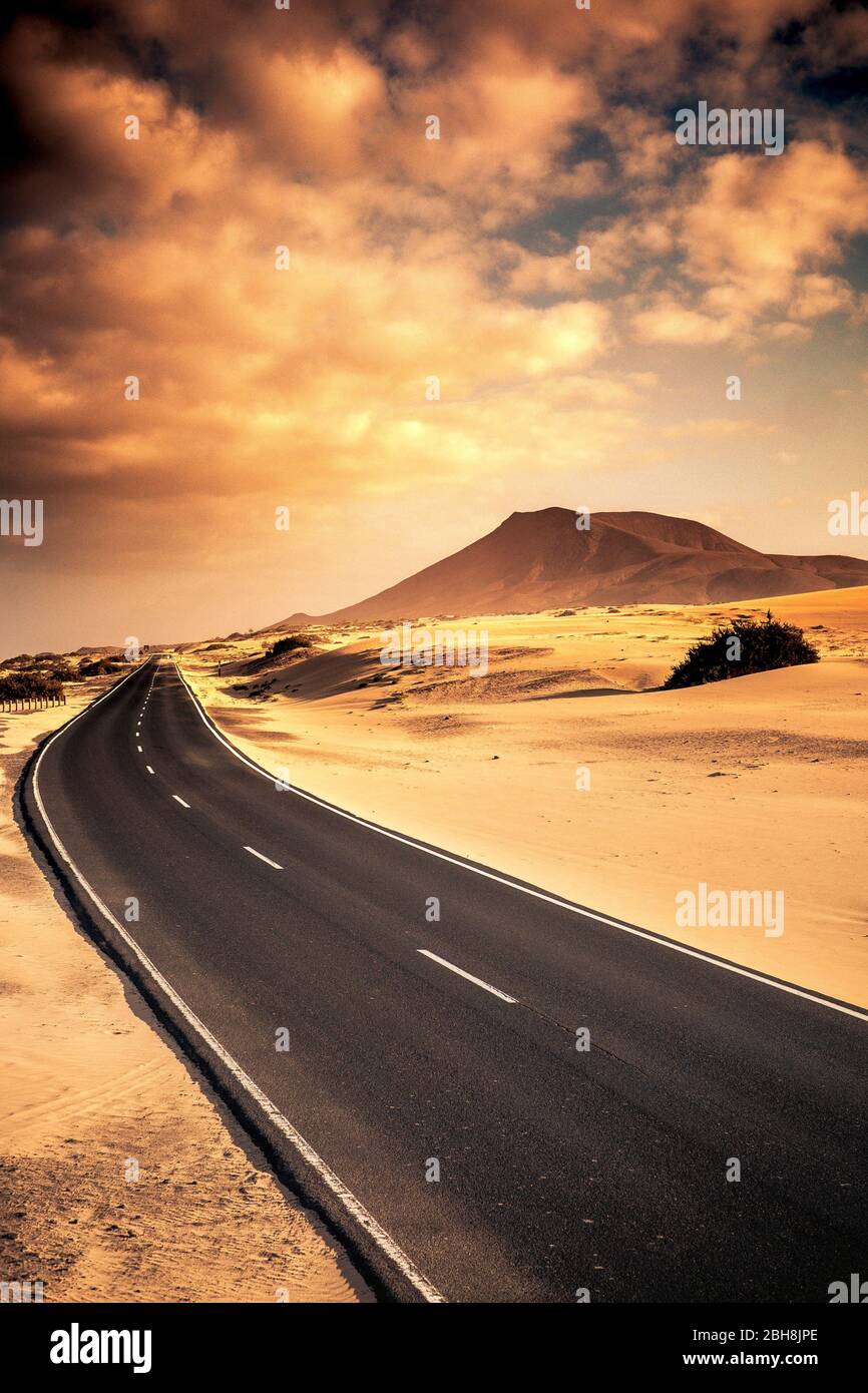 Beautiful black long road for travel conpcept with sand desert dunes on the sides and mountin in the beakcgorund - sunset warm cloudy sky - scenic landscape for travleing with car vacation adventure Stock Photo