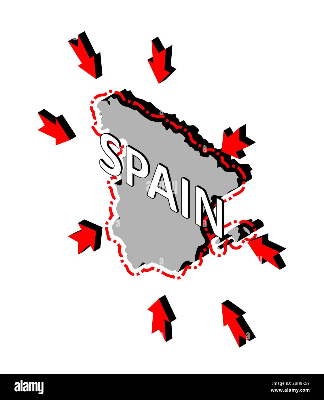 Spain closes borders, quarantine, protection against coronavirus. Ban on crossing borders. Vector isometric image of Spain map with arrows around. A t Stock Vector