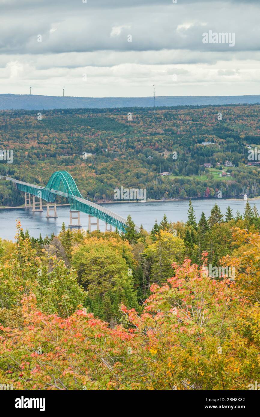 Canada, Nova Scotia, Great Bras d'Or Lake, elevated view of the Seal Island Bridge, autumn Stock