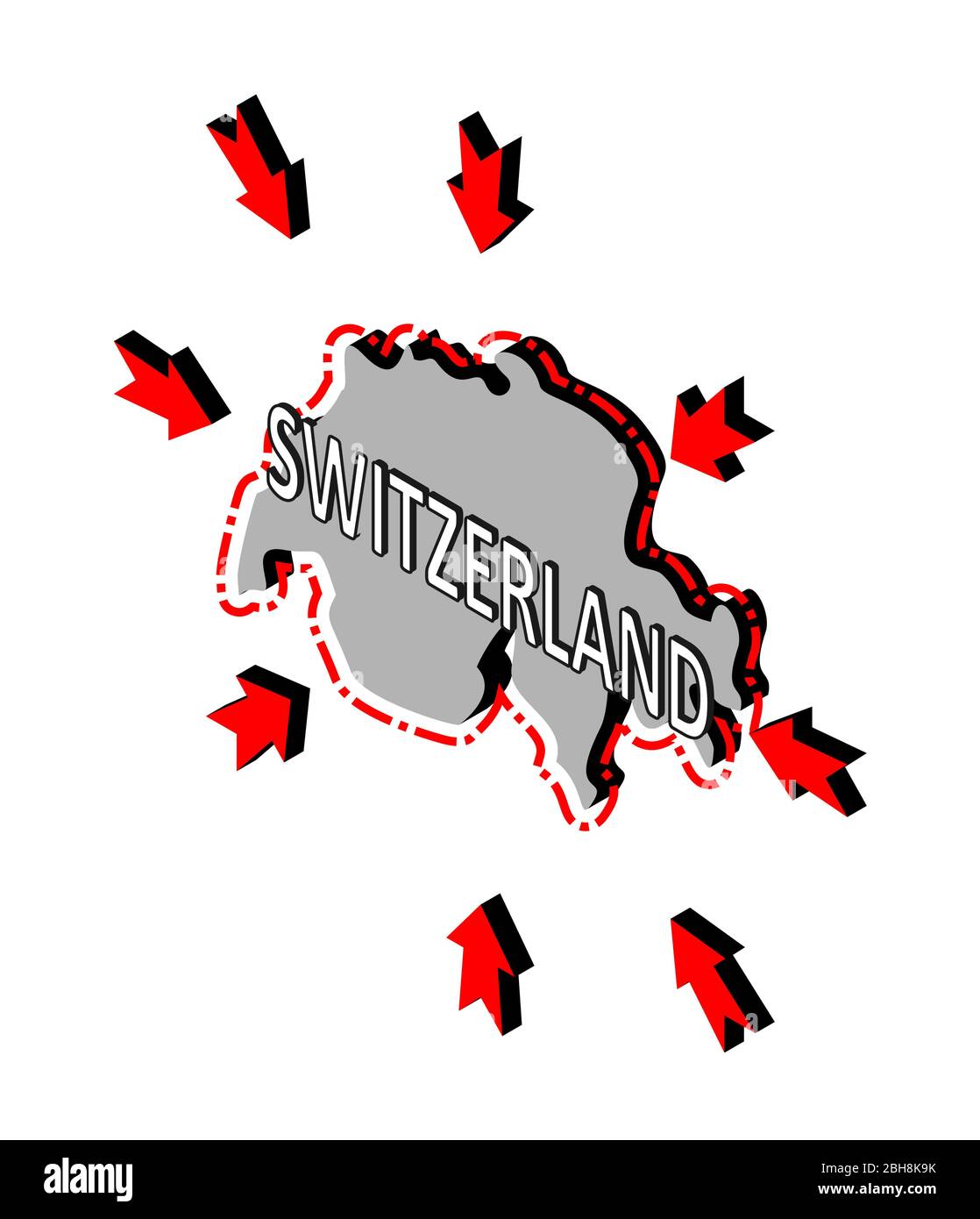 Switzerland closes borders, quarantine, protection against coronavirus. Ban on crossing borders. Vector isometric image of Switzerland map with arrows Stock Vector