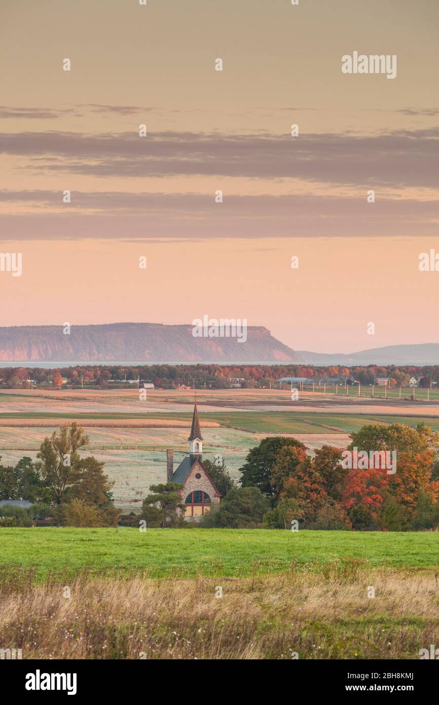 Canada, Nova Scotia, Annapolis Valley, Grand Pre, Grand Pre National Historic Site, site of the deportation of Canada's early French-Acadians by the English, elevated view towards Cape Blomidon, dawn Stock Photo