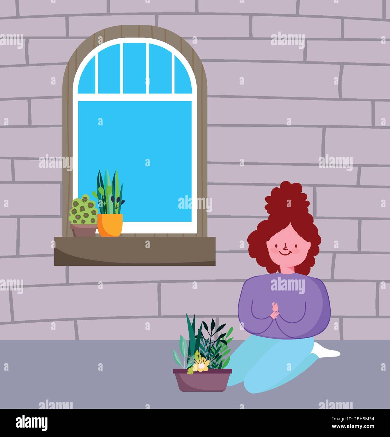 girl with potted plants in room, quarantine stay at home vector ...