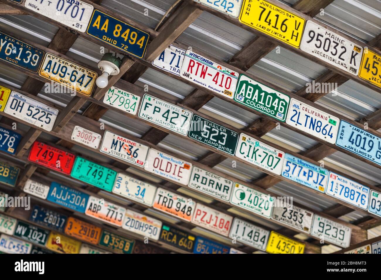 USA, Maine, Wells, antique license plates Stock Photo