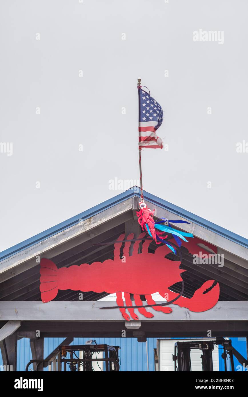 USA, Maine, Eastport, lobster motif on seafood restaurant Stock Photo