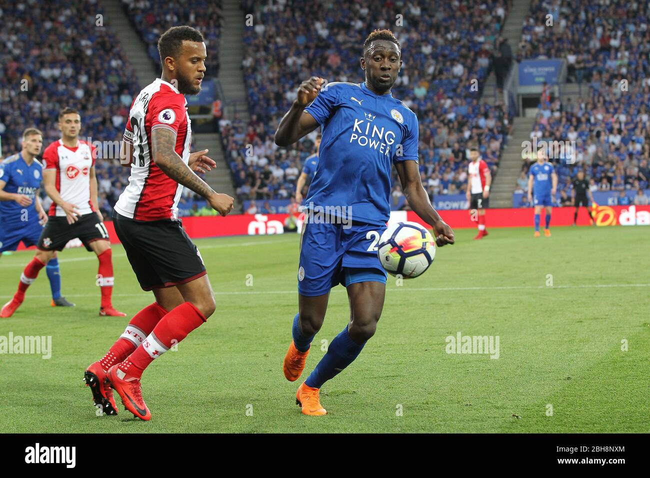 LEICESTER, ENGLAND  Ryan Bertand of Southampton and Wilfred Ndidi of Leicester City during the Premier League match between Leicester City and Southampton at the King Power Stadium, Leicester on Thursday 19th April 2018. (Credit: Mark Fletcher | MI News) Stock Photo