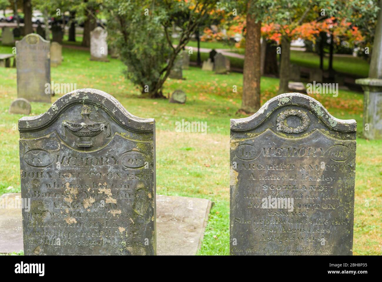 Canada, New Brunswick, Saint John, gravestone at the Loyalist Burial Ground, historic cemetary dating from 1784 Stock Photo