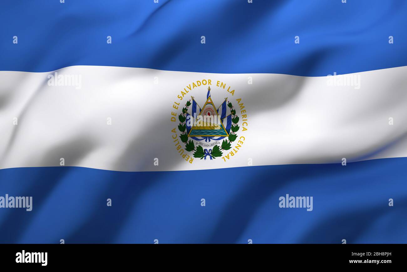 Flag of El Salvador blowing in the wind. Full page Salvadoran flying flag. 3D illustration. Stock Photo