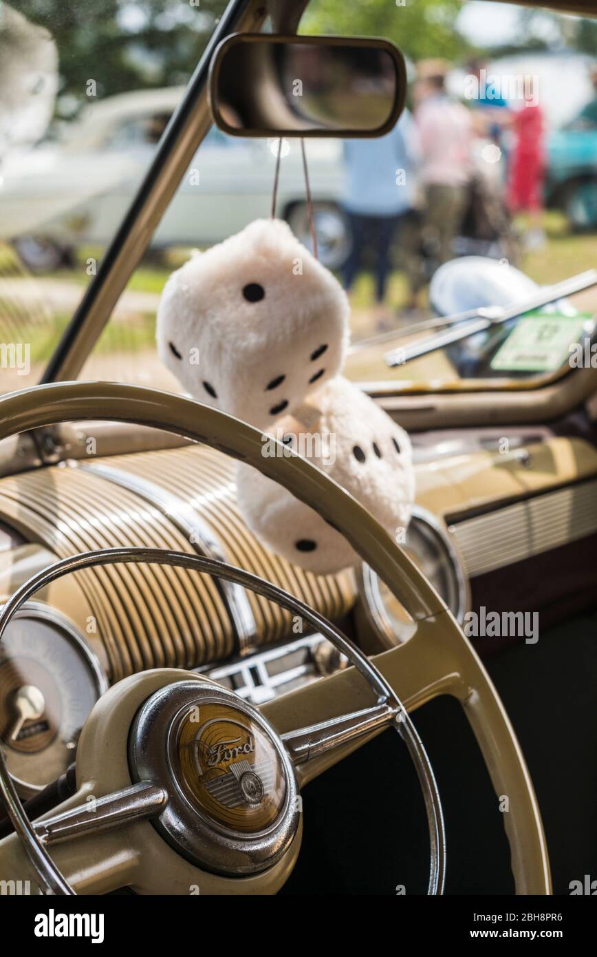 Usa New England Massachusetts Cape Ann Gloucester Antique Car Antique Car Steering Wheel And Fuzzy Dice Stock Photo Alamy