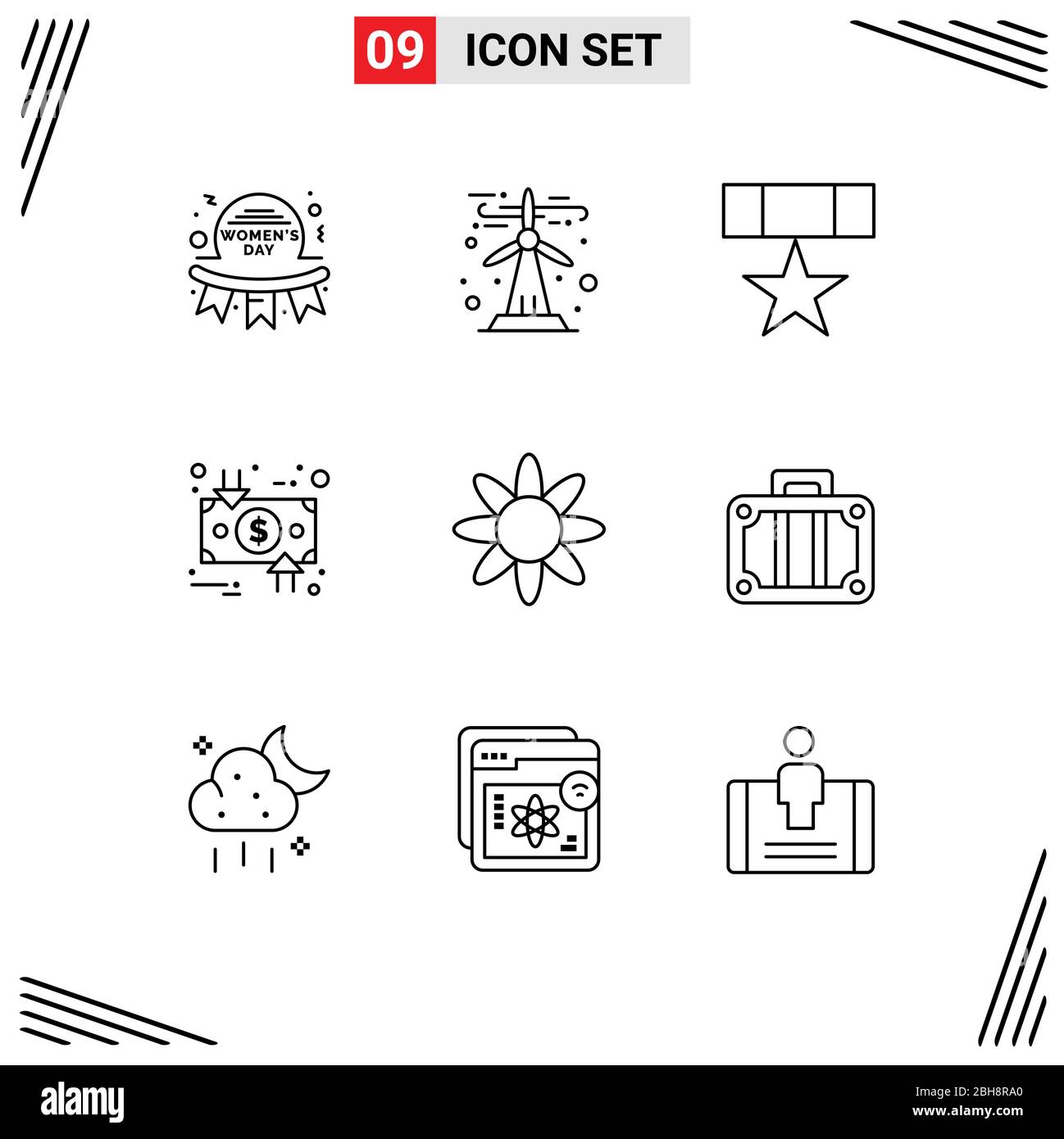 Outline Pack of 9 Universal Symbols of dollar, circulation, sustainable, charge, military Editable Vector Design Elements Stock Vector