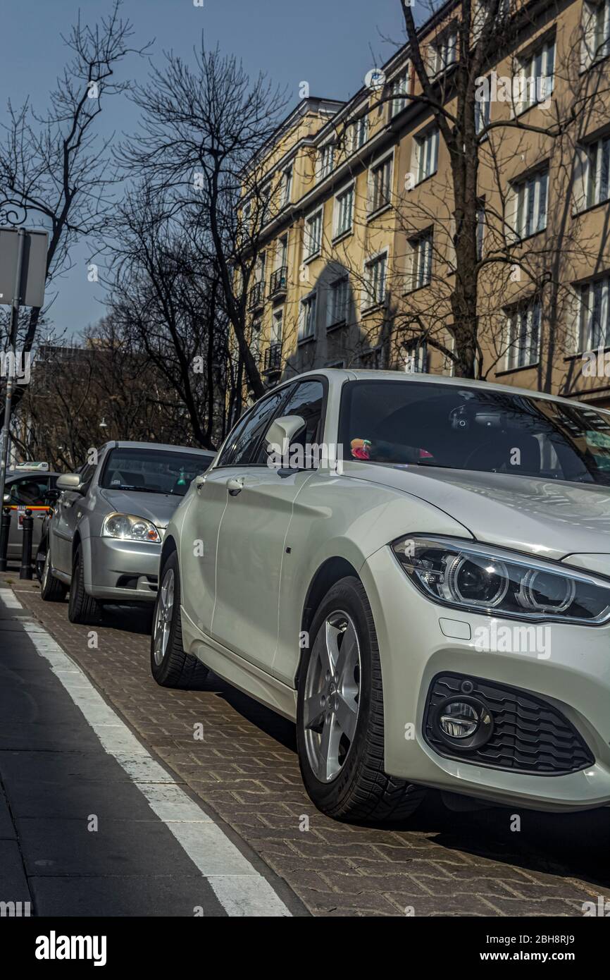 Warszawa, Poland, 25.04.2019: parking cars along the road in the big city,  parking on the road Stock Photo - Alamy