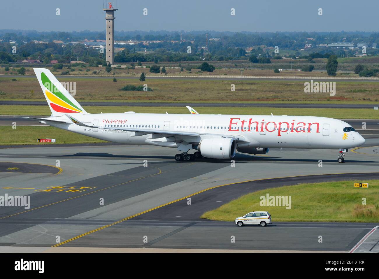 Ethiopian Airlines Airbus A350 before departure to Addis Abeba, Ethiopia. A350-900 aircraft registered as ET-AUB at O. R. Tambo International Airport. Stock Photo