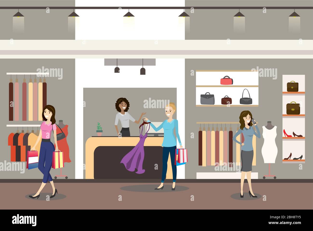 interior of a modern and fashionable clothing store,caucasian female cashier and and women buyers,flat vector illustration Stock Vector
