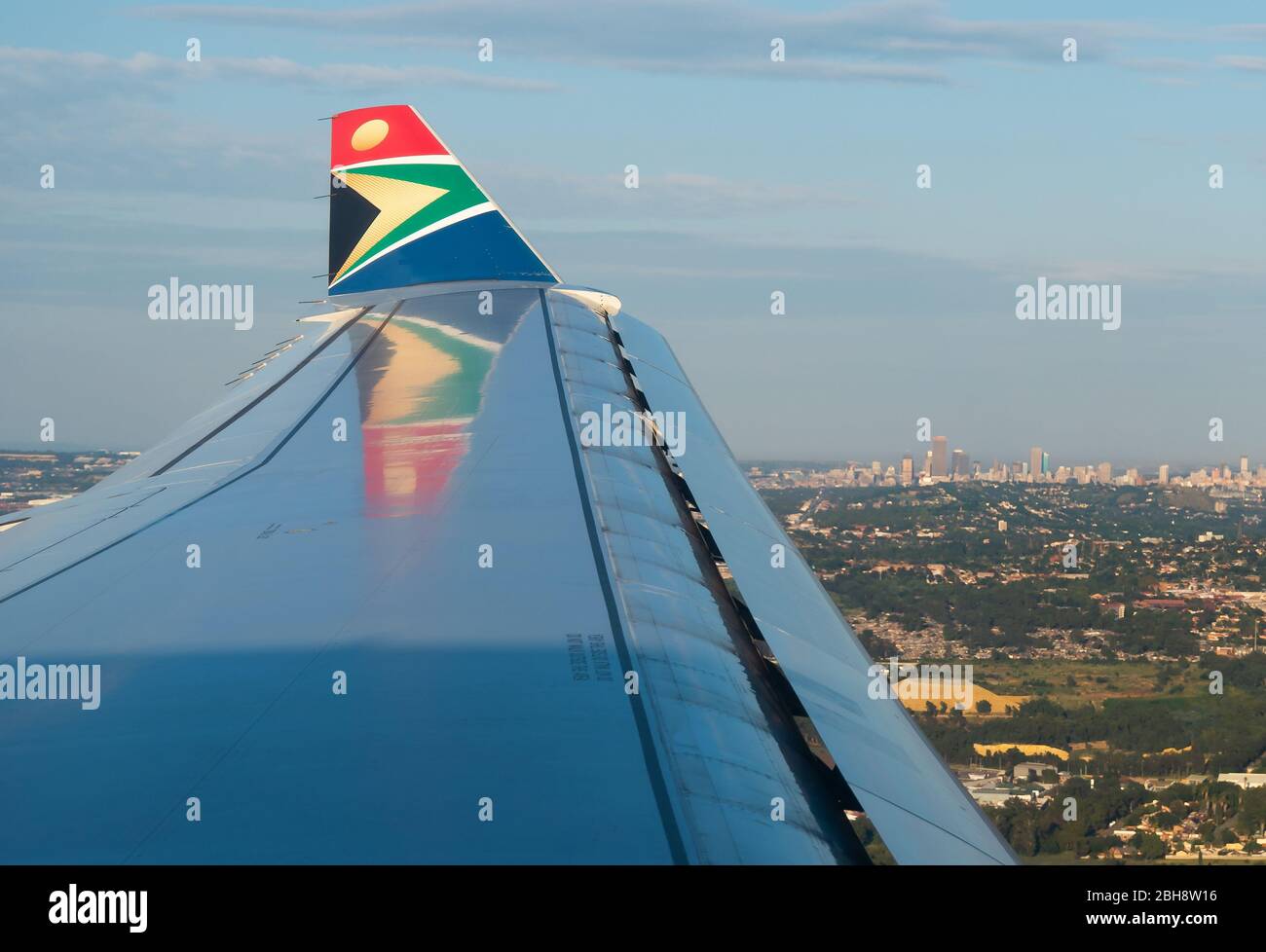 Wing view of South African Airways Airbus A330 with Johannesburg