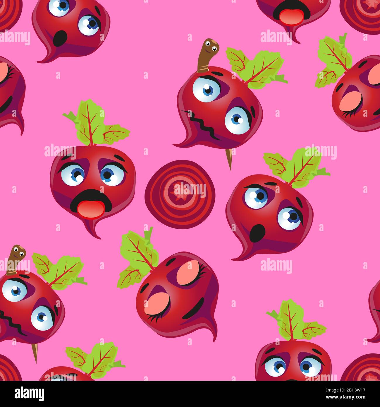 Cute seamless pattern with cartoon emoji beetroot on pink background Stock Vector